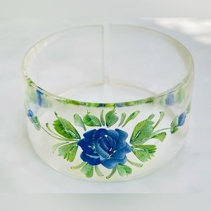 Vintage Reverse Carved Lucite Open Bangle With Blue Rose